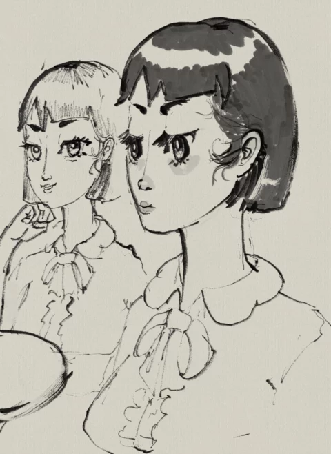Ink and wash portrait of two young women with bobbed hair and ruffled collars with ribbons, one in front looking aside, one behind smiling