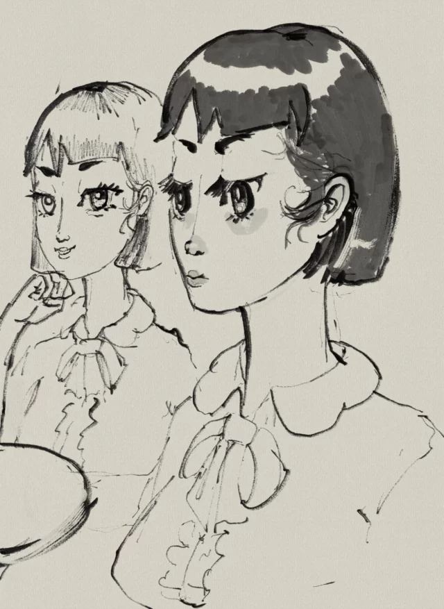 Ink and wash portrait of two young women with bobbed hair and ruffled collars with ribbons, one in front looking aside, one behind smiling