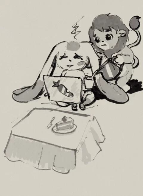 Ink and wash sketch of a long-eared rabbit character with a carrot-marked laptop and a lion character leaning over its shoulder, a table with a slice of cake in front
