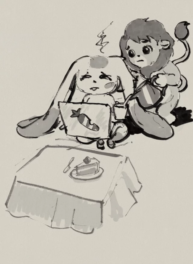 Ink and wash sketch of a long-eared rabbit character with a carrot-marked laptop and a lion character leaning over its shoulder, a table with a slice of cake in front