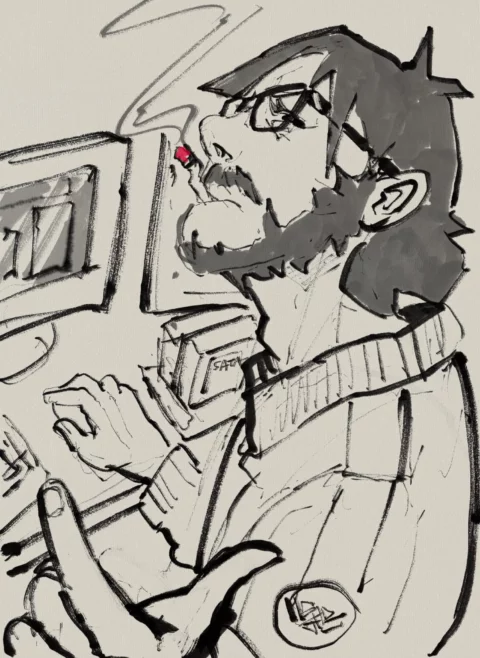 Ink and wash sketch of a bearded man with glasses working at a computer, seen in profile, with a smoking red cigarette tip and a SATA drive box on the desk