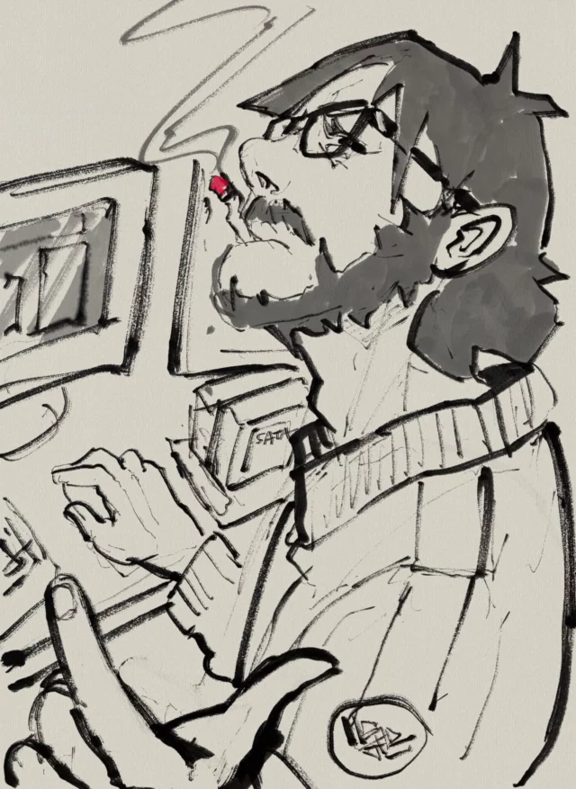 Ink and wash sketch of a bearded man with glasses working at a computer, seen in profile, with a smoking red cigarette tip and a SATA drive box on the desk