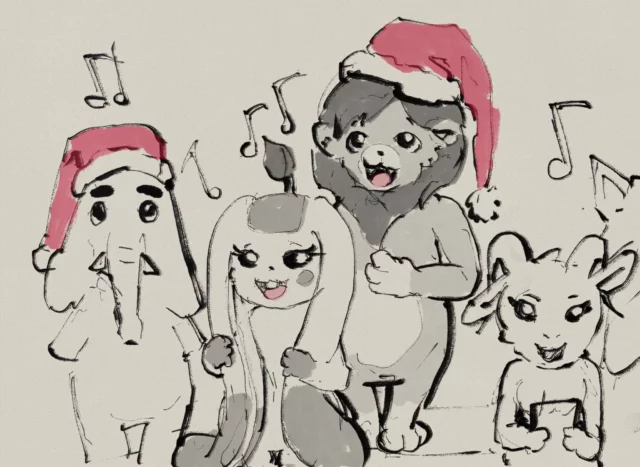 Ink and wash sketch of four animal characters (an elephant, a rabbit-like girl, a lion and a goat) singing in Santa hats, with music notes around them