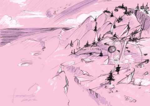 Pink and violet pencil landscape: a rocky coast with pines, and a round door carved into the cliff.