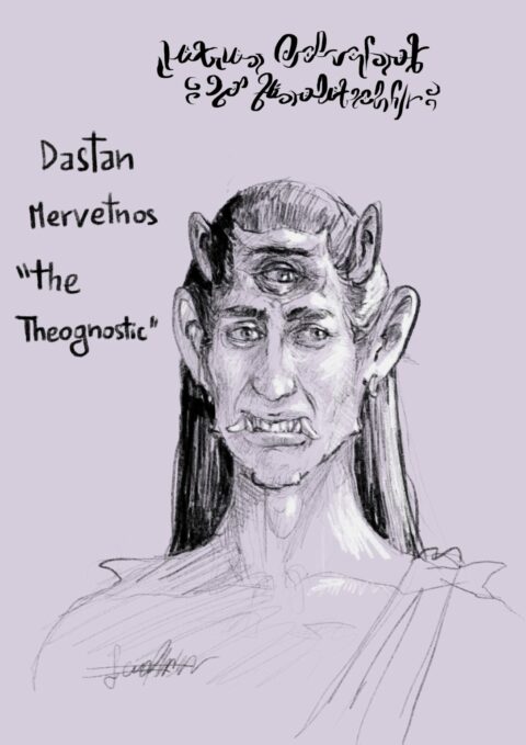 Graphite portrait on lilac paper of Dastan Mervetnos, a three-eyed man with pointed ears and tusks; his name is hand-lettered beside him, with a line of Sajilir script above.