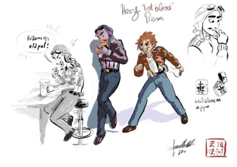 Character sheet of Henry “hot blood” Paterson, a young aviator in a leather jacket: raising a glass at a bar stool saying “Bottoms up, old pal!”, lighting a cigarette, in a fighting stance, and a close-up with his lucky charm Zippo lighter.