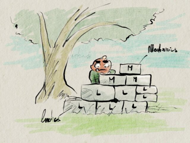 Pencil and watercolour sketch: a small character peeks over a wall of stone blocks under a tree; lower blocks marked L for ludics, top ones M for mechanics.