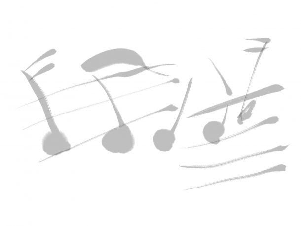 Brush drawing of musical notes on loose staff lines.