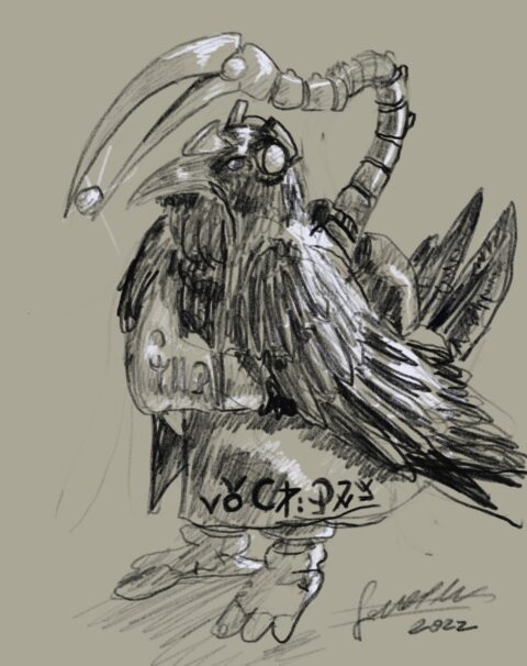 Pencil study on grey paper of a Korvedan: a hooded, raven-headed creature in robes, with a mechanical arm shaped like a beak.