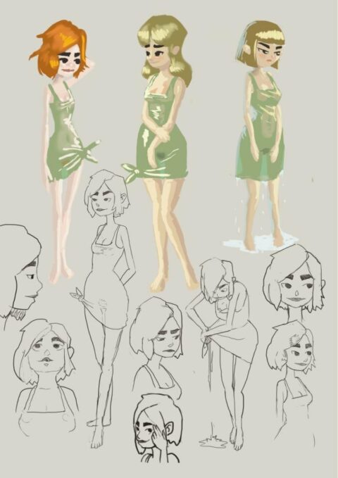 Research sheet for a short animated film: three young women in green dresses painted in colour, with pencil sketches of the same characters in poses and expressions below.