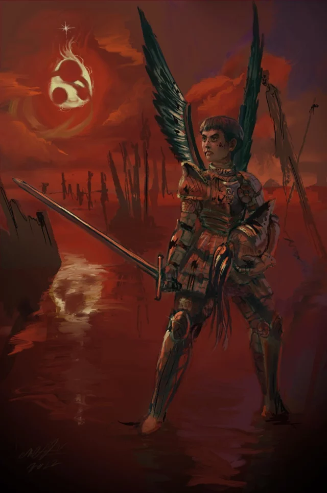 Painting of Telthia, a winged knight in red armour with a long sword, standing in shallow water under an egg-shaped, black-spotted sun.